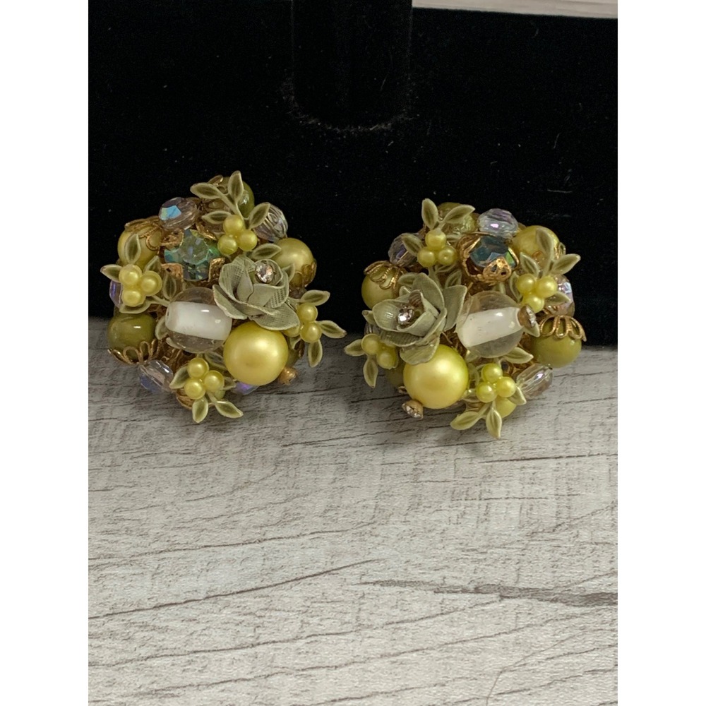 Vintage Green Yellow Floral Cluster Clip On Earrings AB Crystal Faux Pearl Gold
